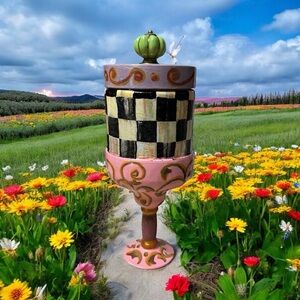 Whimsical Checkered Art Piece with Pink and Gold Accents Mackenzie Child Inspire